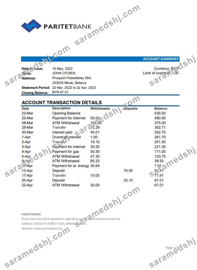 Belarus Paritet Bank statement xls